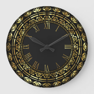Grande Horloge Ronde Design Floral Vintage Or Et Noir