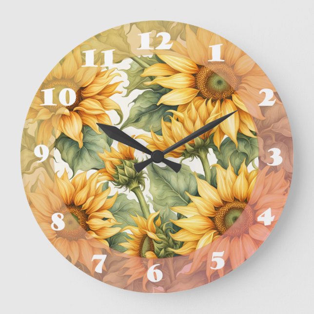 Grande Horloge Ronde Design Motif d'art Sunflower (Recto)