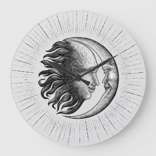 Grande Horloge Ronde Dessin à la main du visage du soleil et de la lune