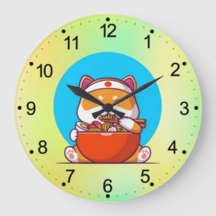 Grande Horloge Ronde Dessin animé de Shiba Inu mignon mangeant des noui