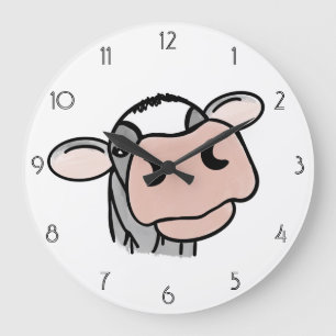 Grande Horloge Ronde dessin animé vache noir blanc rose baiser gris an