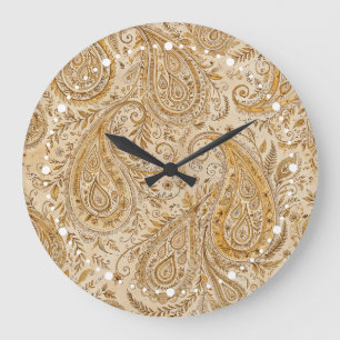 Grande Horloge Ronde Dessin Classique Paisley Doré Chaud et Confortable