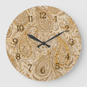 Grande Horloge Ronde Dessin Classique Paisley Doré Chaud et Confortable