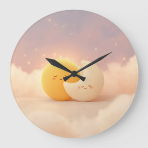Grande Horloge Ronde Dessin Coloré Soleil et Lune – Ciel Vibrant