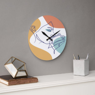 Grande Horloge Ronde dessin d'art affiche d'une femme buvant du café