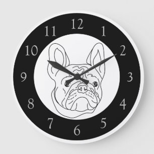 Grande Horloge Ronde Dessin de Bouledogue Français Noir Blanc
