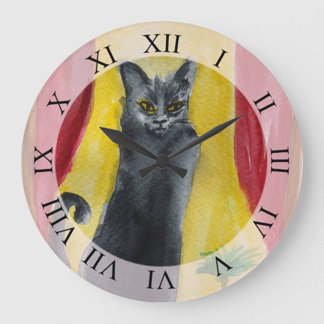 Grande Horloge Ronde Dessin de chat noir (Recto)
