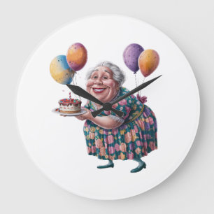 Grande Horloge Ronde Dessin de fête d'anniversaire de grand-mère drôle