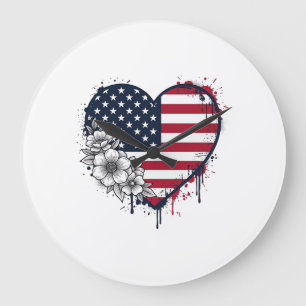 Grande Horloge Ronde Dessin de gravure florale vintage à coeur patrioti