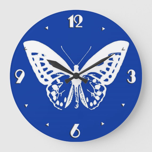 Grande Horloge Ronde Dessin de papillon, bleu cobalt et blanc (Recto)
