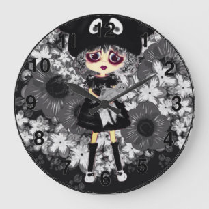 Grande Horloge Ronde Dessin de Sad Goth Girl - Kawaii Chibi