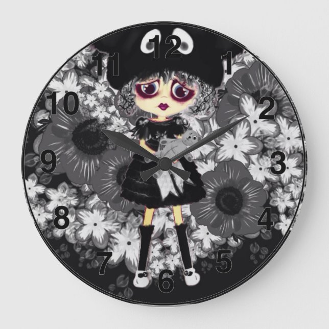 Grande Horloge Ronde Dessin de Sad Goth Girl - Kawaii Chibi (Recto)