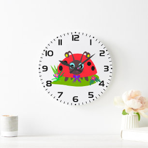 Grande Horloge Ronde Dessin Ladybug Bow and Flowers