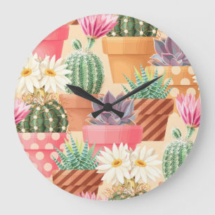 Grande Horloge Ronde Détaillé succulent, cactus motif sans soudure.