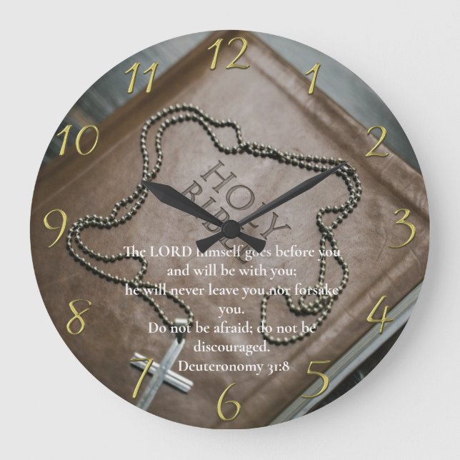 Grande Horloge Ronde Deutéronome 31:8 Sainte Bible avec croix (Recto)