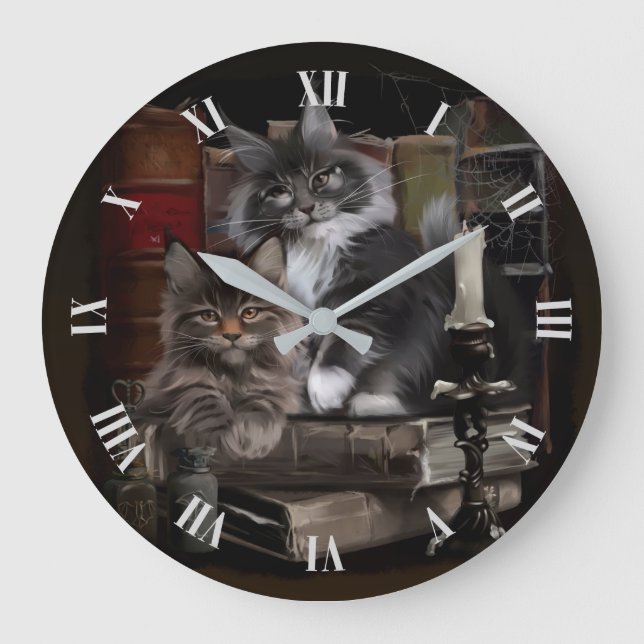 Grande Horloge Ronde Deux chatons Maine Coon en furie (Recto)