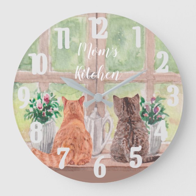 Grande Horloge Ronde Deux chats à la fenêtre Pittoresque Fleurs sereine (Recto)