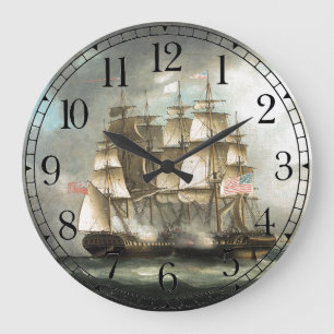 Grande Horloge Ronde Deux Clipper Ships Guerre Bataille Ocean Wall Horl