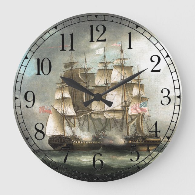 Grande Horloge Ronde Deux Clipper Ships Guerre Bataille Ocean Wall Horl (Recto)