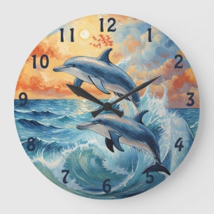 Grande Horloge Ronde Deux dauphins de saut artistique Coucher de soleil
