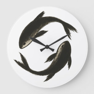 Grande Horloge Ronde Deux Koi - Poisson en pinceau d'encre