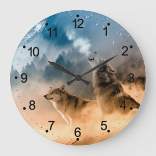 Grande Horloge Ronde Deux loups hurlent à la pleine lune en forêt