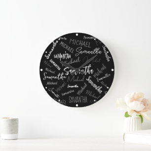 Grande Horloge Ronde Deux noms couple motif monogramme noir gris blanc