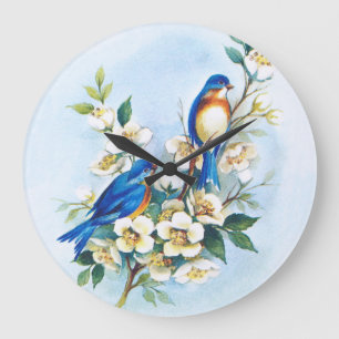 Grande Horloge Ronde Deux oiseaux bleus