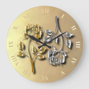 Grande Horloge Ronde Deux Roses D'Or Et D'Argent Avec Ombre