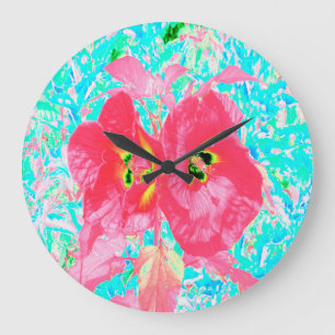Grande Horloge Ronde Deux Rosy Red Coral Plum Crazy Hibiscus sur Aqua