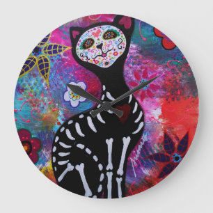 Grande Horloge Ronde Dia de los Muertos Cat El Gato Lover