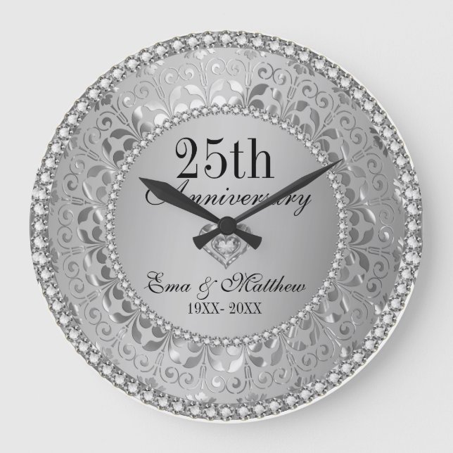 Grande Horloge Ronde Diamants & Argent 25e Anniversaire de Mariage (Recto)