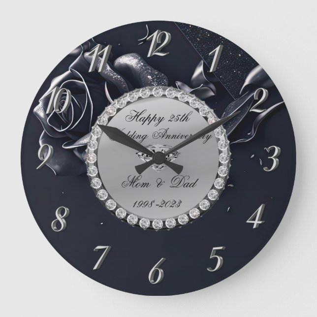 Grande Horloge Ronde Diamants Argent Rose Noire 25e Anniversaire (Recto)