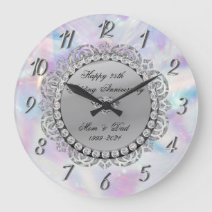 Grande Horloge Ronde Diamants Argentés Holographiques 25e Mariage