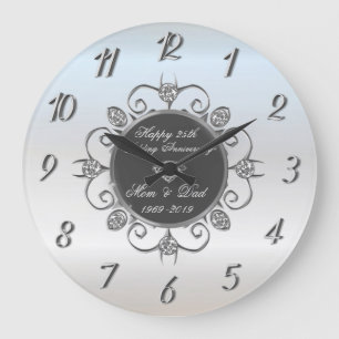 Grande Horloge Ronde Diamants Chic Argent 50e Anniversaire de Mariage