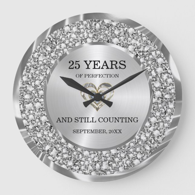 Grande Horloge Ronde Diamants d'argent 25e anniversaire Mariage grand (Recto)
