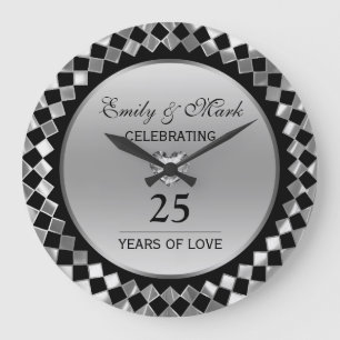 Grande Horloge Ronde Diamants D'Argent Et Coeur - 25e Anniversaire