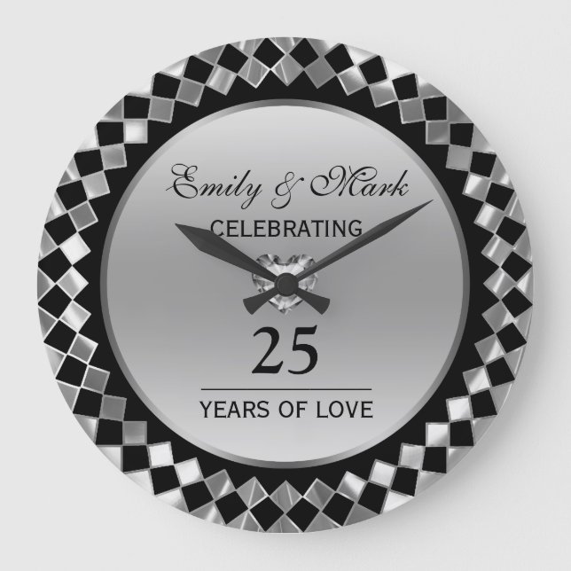 Grande Horloge Ronde Diamants D'Argent Et Coeur - 25e Anniversaire (Recto)