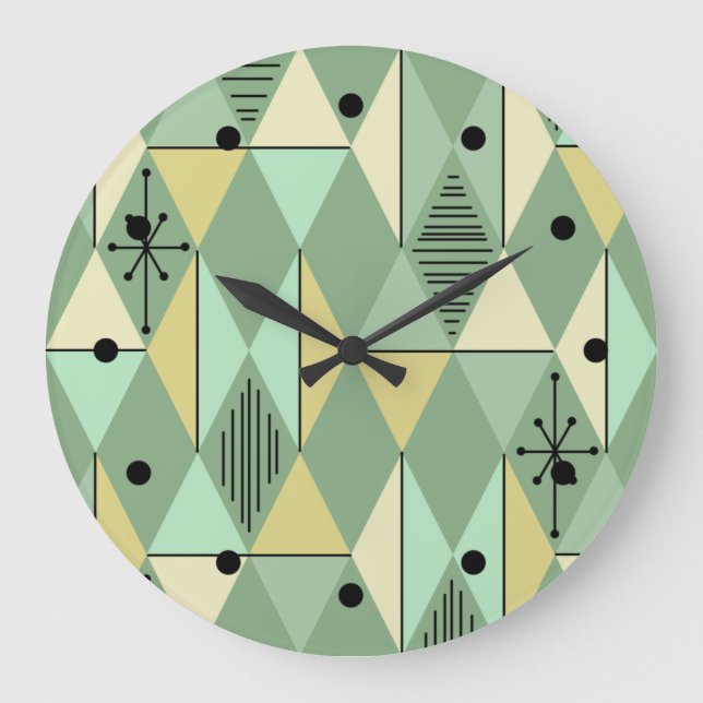 Grande Horloge Ronde Diamants d'Art de l'Âge Atomique Mint Vert Jaune (Recto)