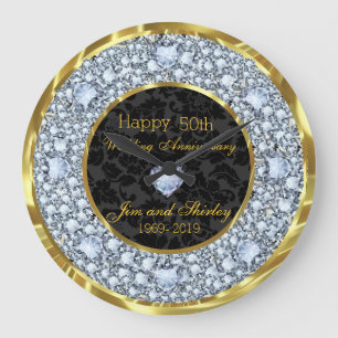 Grande Horloge Ronde Diamants, Noir et Or 50e anniversaire de Mariage
