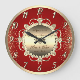 Grande Horloge Ronde Diamants Or Chic Rouge 25e Anniversaire de Mariage