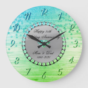 Grande Horloge Ronde Diamants verts élégants 25e anniversaire de mariag