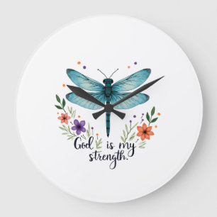 Grande Horloge Ronde Dieu est ma force Floral Libellule T-Shirt Chrétie