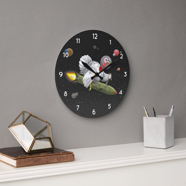 Grande Horloge Ronde Dinde de Noël Fusée dans l'espace (Bureau)