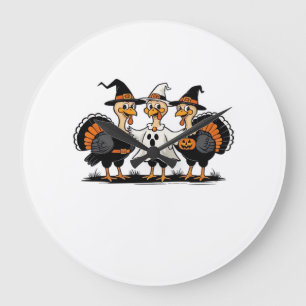 Grande Horloge Ronde Dinde Halloween Boo, dinde de Thanksgiving, drôle 