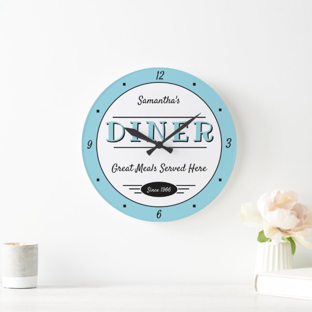 Grande Horloge Ronde Diner Any Name Date Retro Robin Egg Blue Black (Maison)