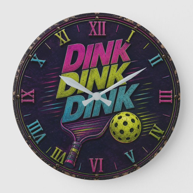Grande Horloge Ronde Dink Dink Dink Pickleball Retro Neon (Recto)