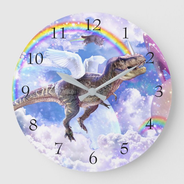 Grande Horloge Ronde dinosaure arc-en-ciel unicorne dinocorne (Recto)