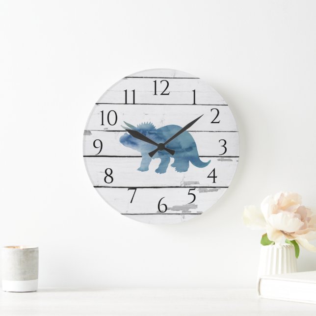 Grande Horloge Ronde Dinosaure Tricératops Decor Rustic Shiplap (Maison)