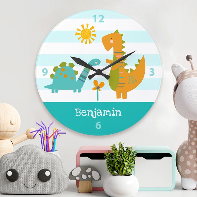 Grande Horloge Ronde Dinosaure Turquoise Nom du garçon Nursery Kawaii C (Créateur téléchargé)